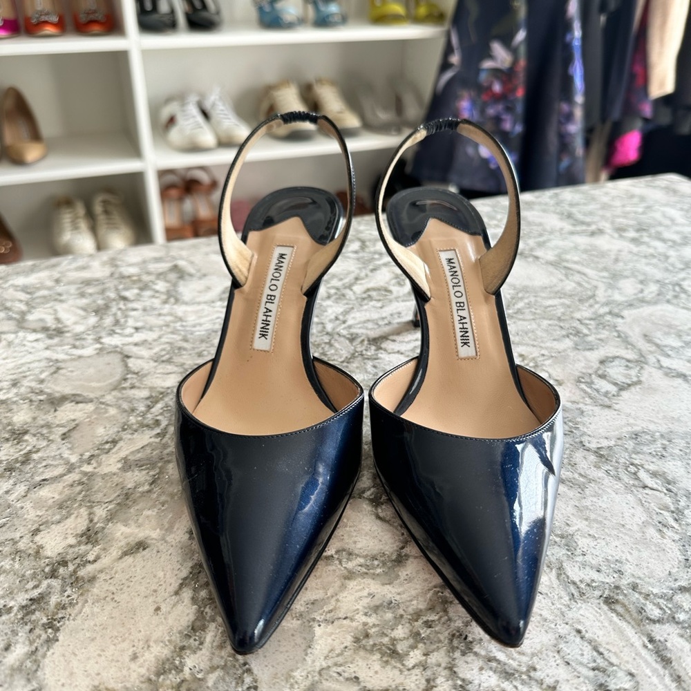Manolo Blahnik Navy Patent Leather Slingback Pumps